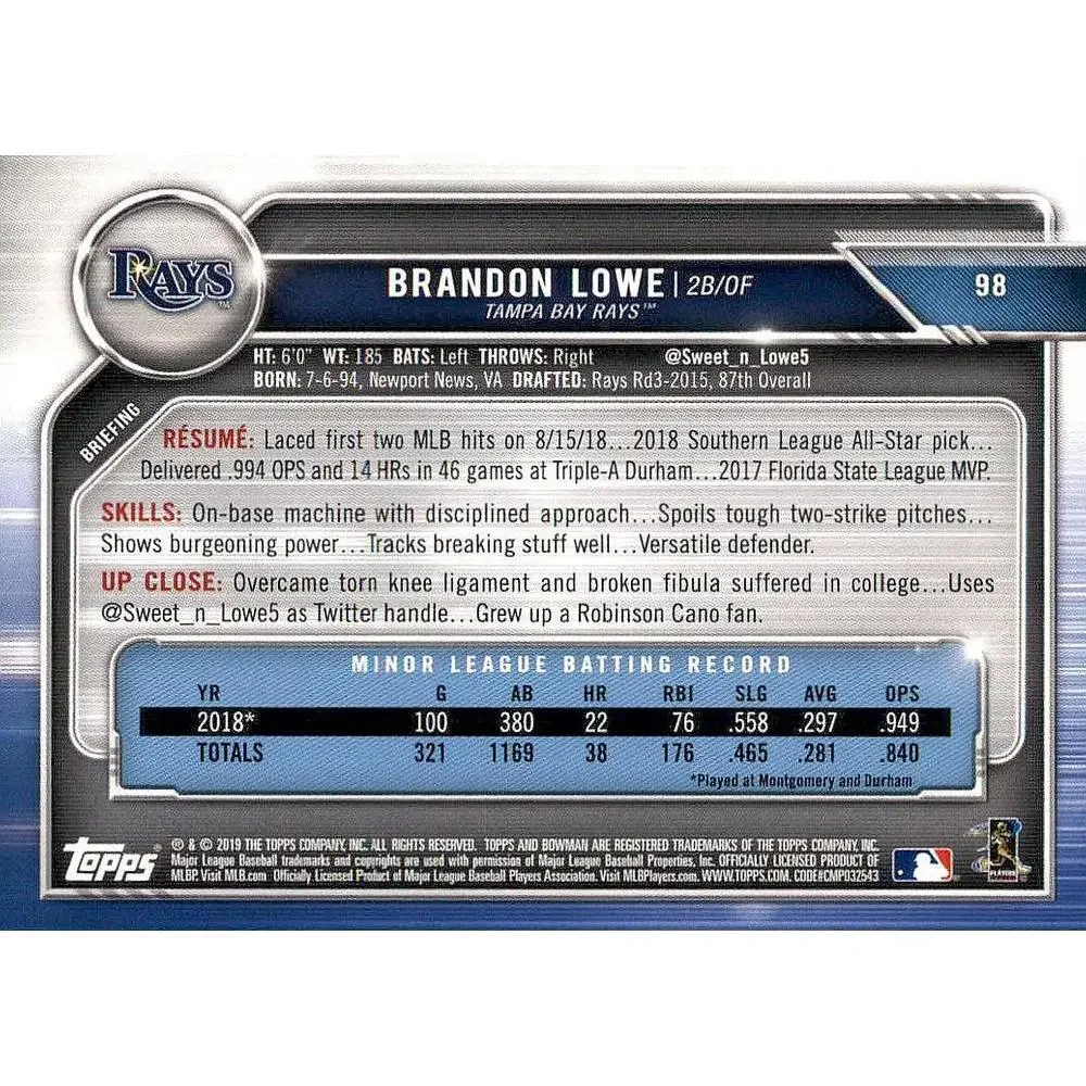 2019 Bowman Brandon Lowe RC #98 Tampa Bay Rays